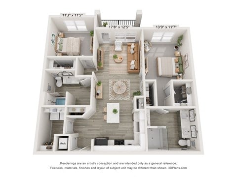 Floor plan for 2 beds, 2 baths, 1207 sqft